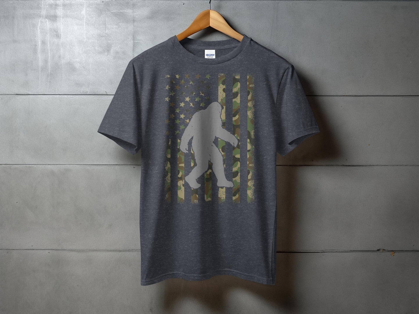 Camo Patterned Flag with Sasquatch Silhouette T-Shirt