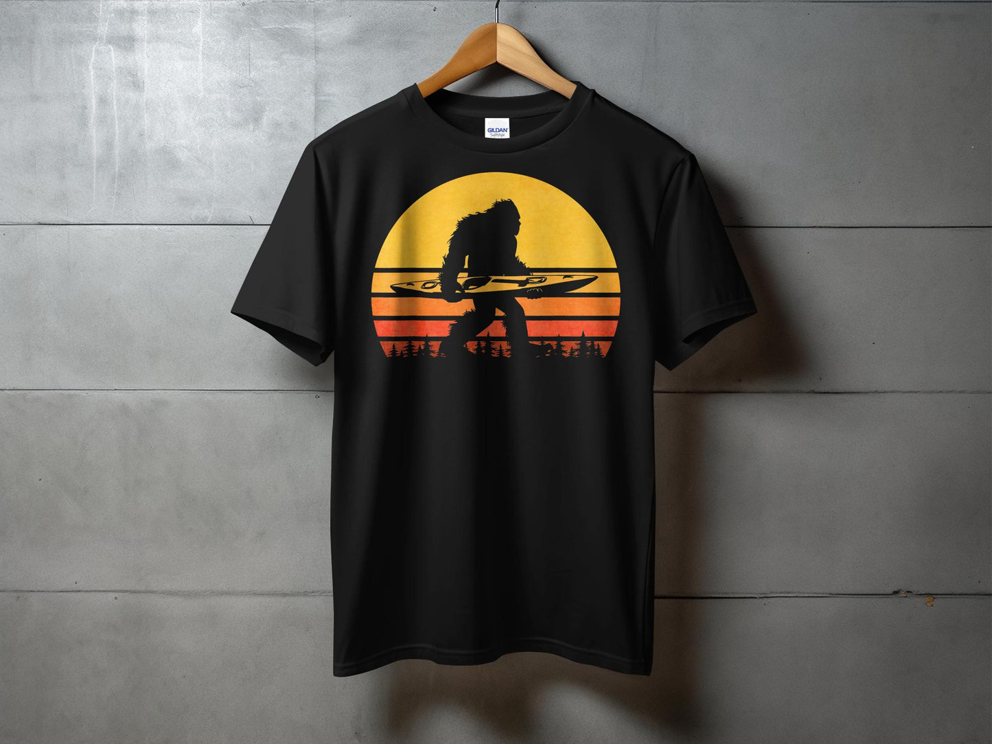 Bigfoot Carrying Kayak Silhouette Retro Style T-Shirt