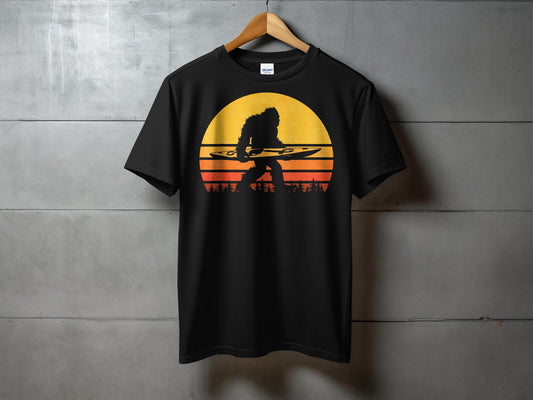 Bigfoot Carrying Kayak Silhouette Retro Style T-Shirt