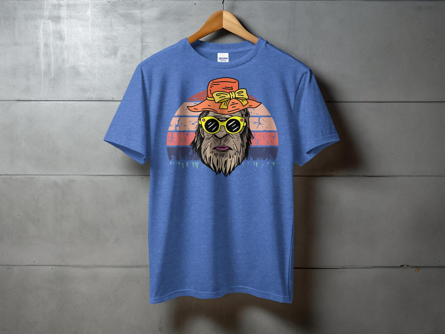 Retro Sunset Bigfoot Mama with Hat Graphic T-Shirt