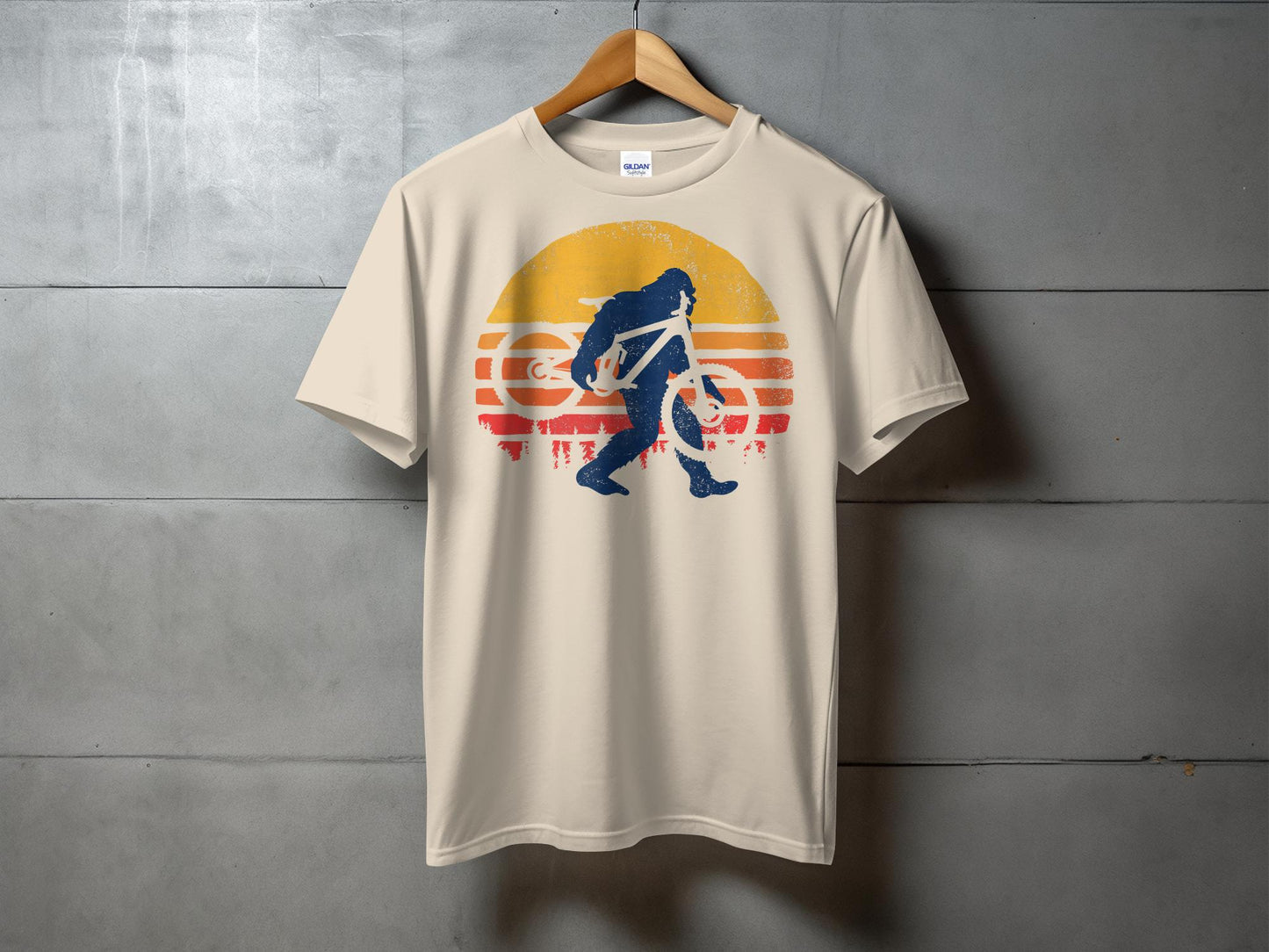 Retro Sunset Bigfoot Riding Bicycle Graphic T-Shirt