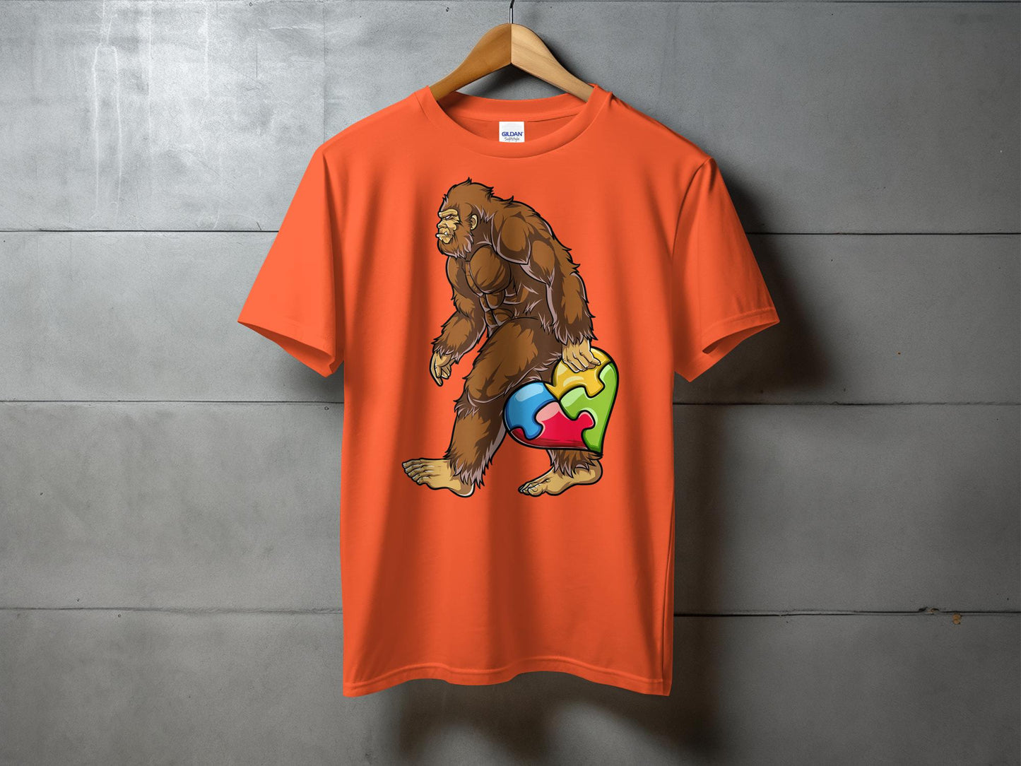 Colorful Autism Puzzle Heart and Bigfoot Walking T-Shirt