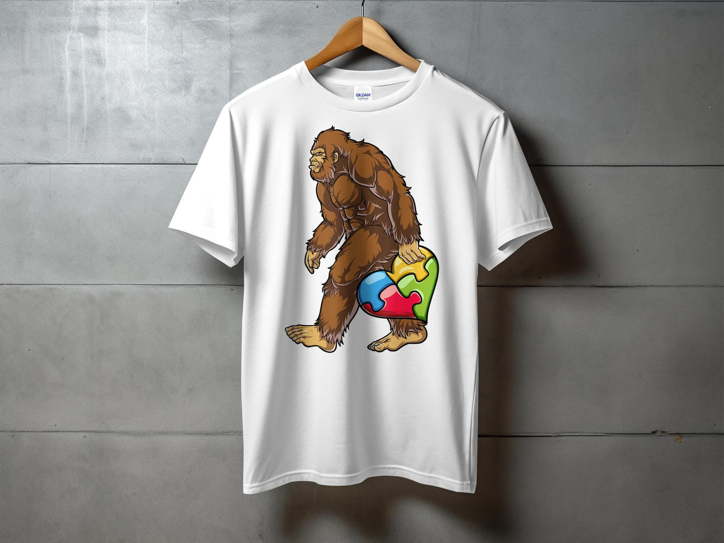 Colorful Autism Puzzle Heart and Bigfoot Walking T-Shirt