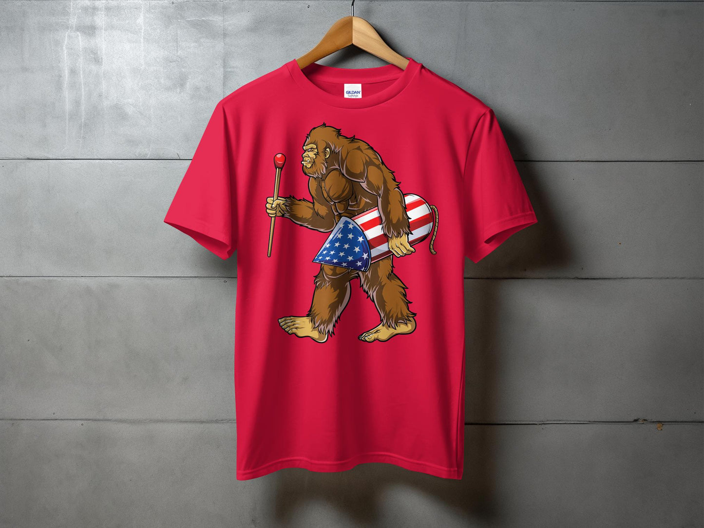 Patriotic Bigfoot Holding Rocket Design Graphic T-Shirt