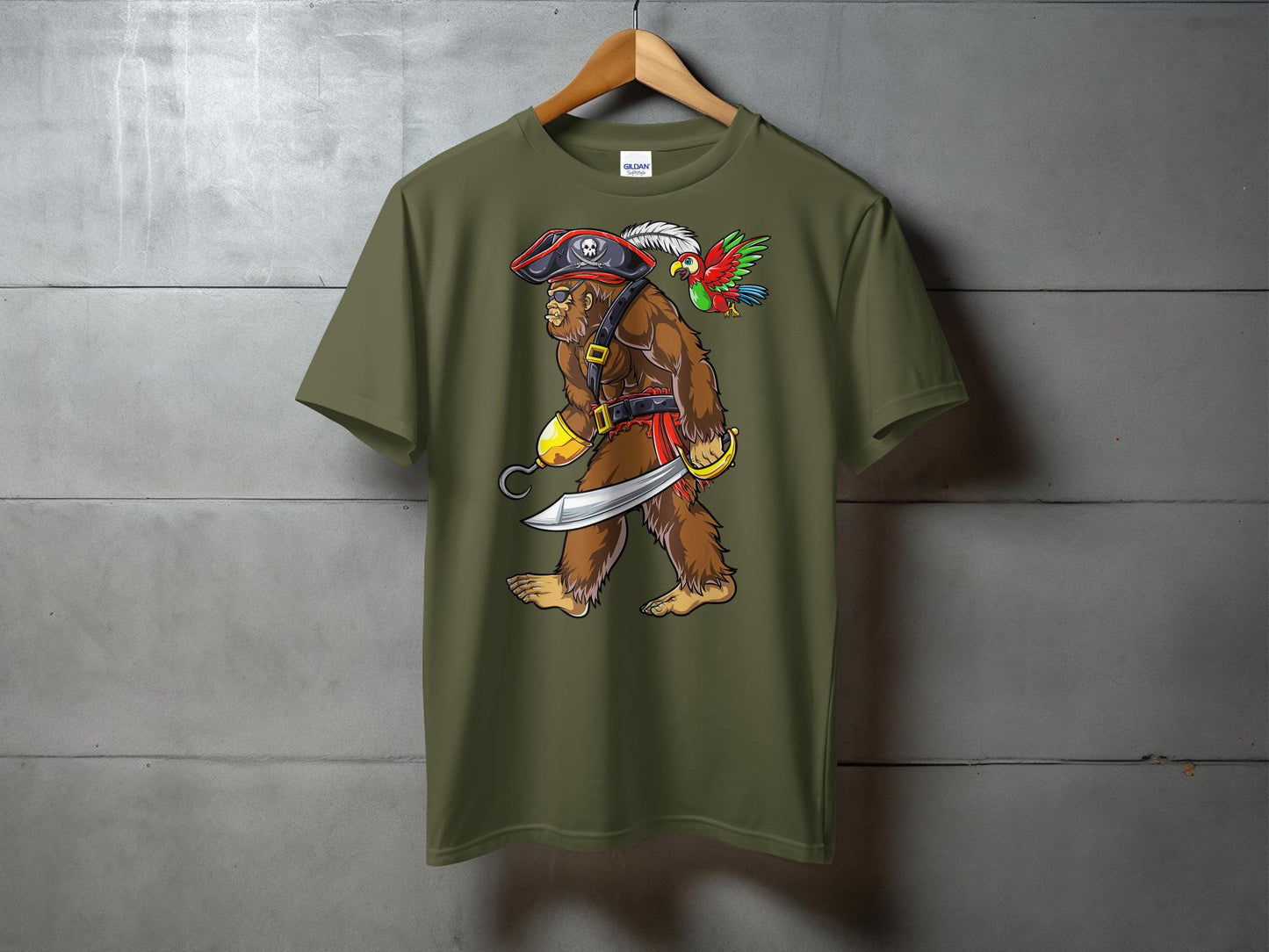 Funny Bigfoot Pirate Parrot Cartoon Graphic T-Shirt