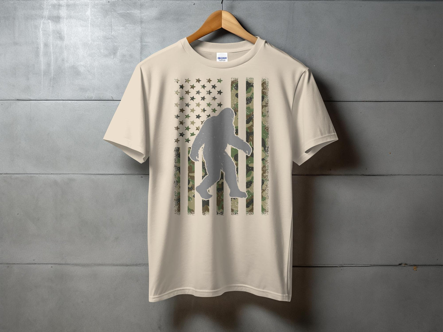 Camo Patterned Flag with Sasquatch Silhouette T-Shirt