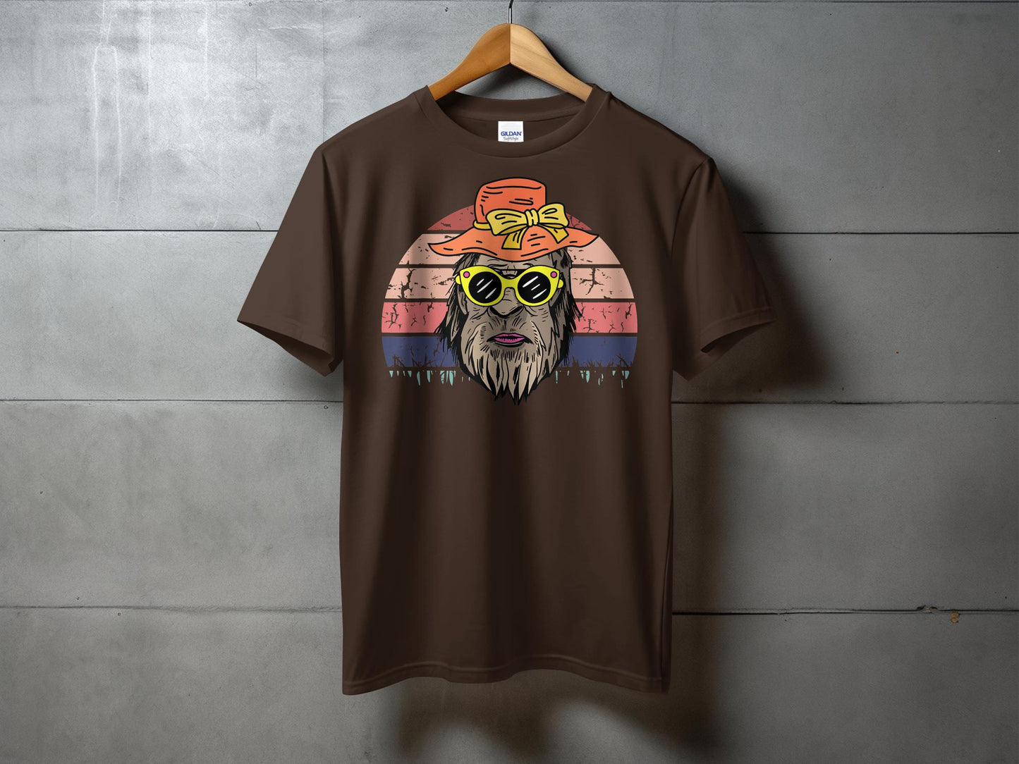 Retro Sunset Bigfoot Mama with Hat Graphic T-Shirt