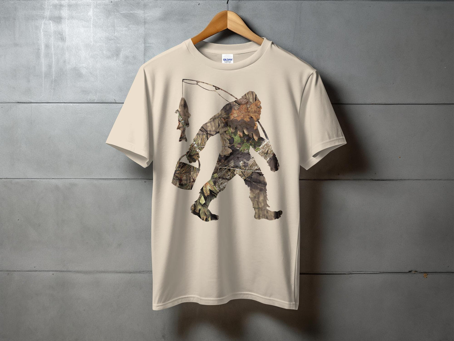 Bigfoot Carrying Fish Hidden in Forest Camouflage T-Shirt