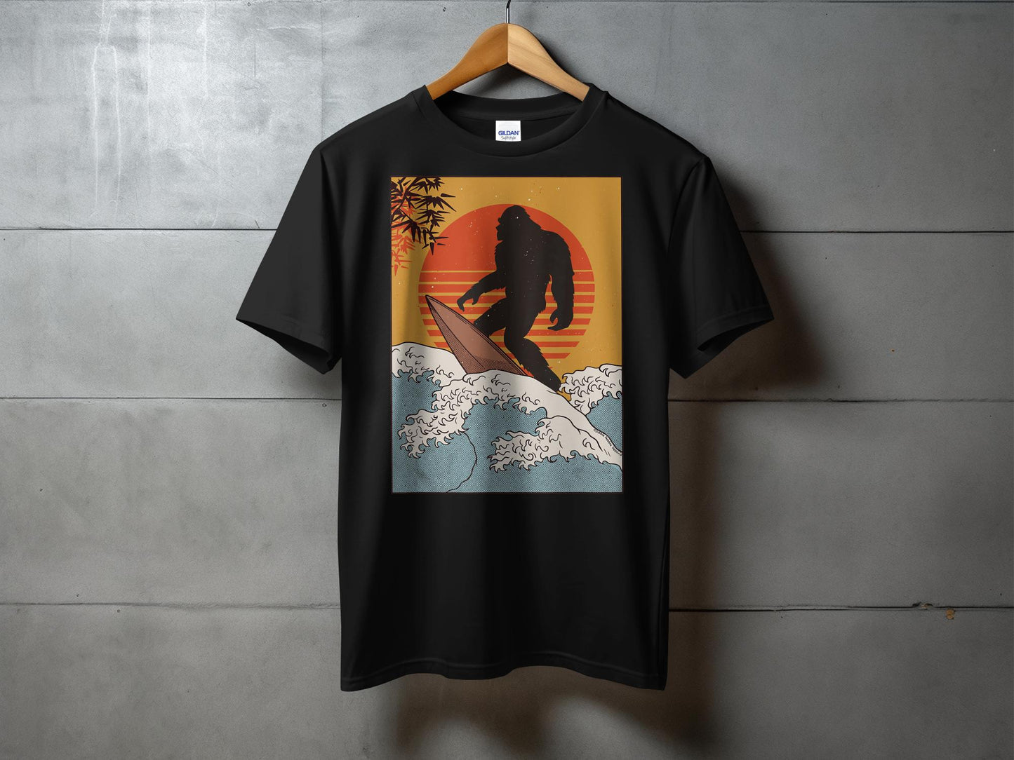 Bigfoot Surfing Retro Sunset Ocean Waves Graphic T-Shirt