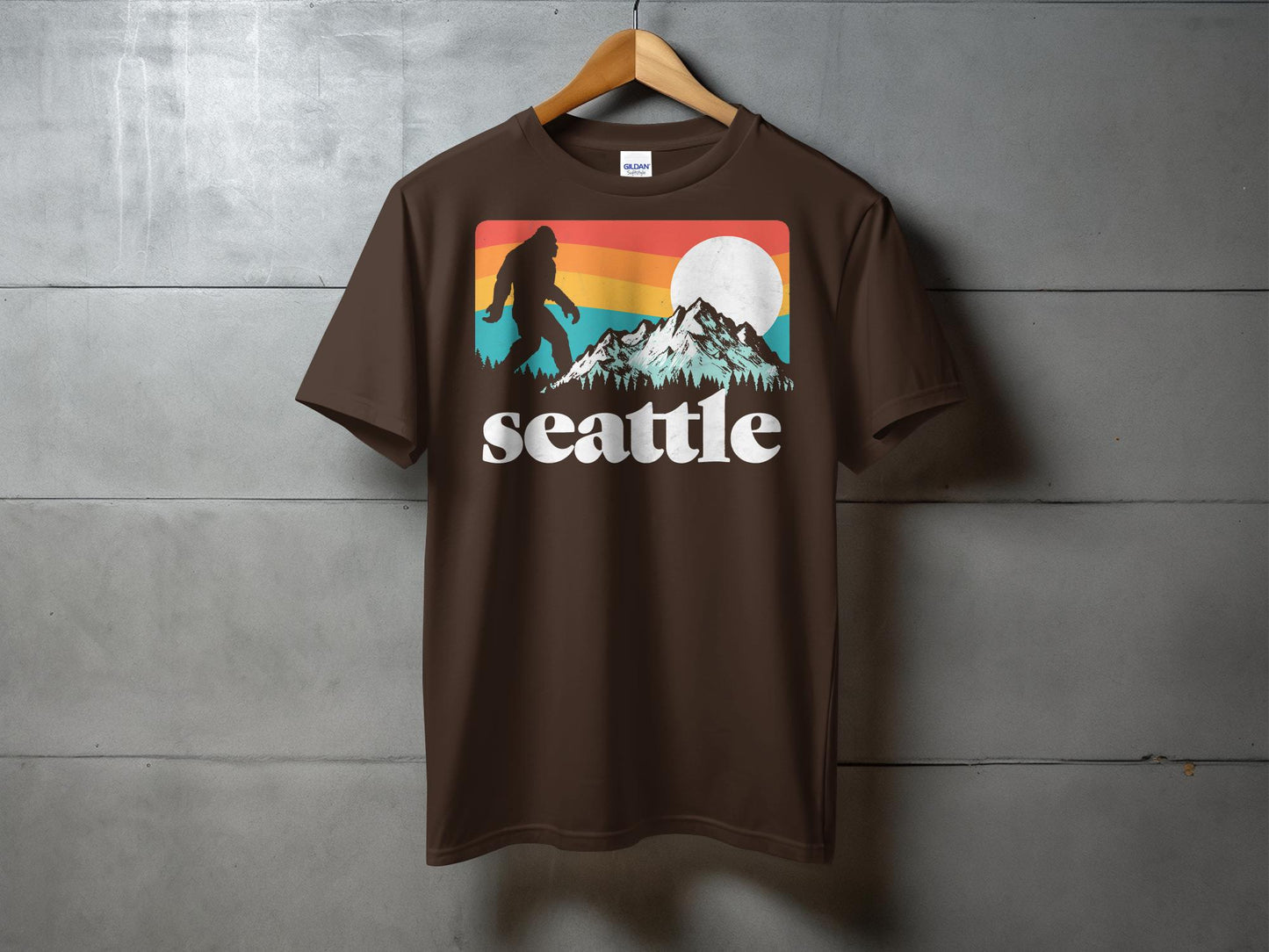 Bigfoot Seattle T-Shirt, Retro Sunset Graphic Tee, Pacific Northwest Bigfoot Shirt, Mountain Sasquatch Shirt, Vintage Seattle T-Shirt