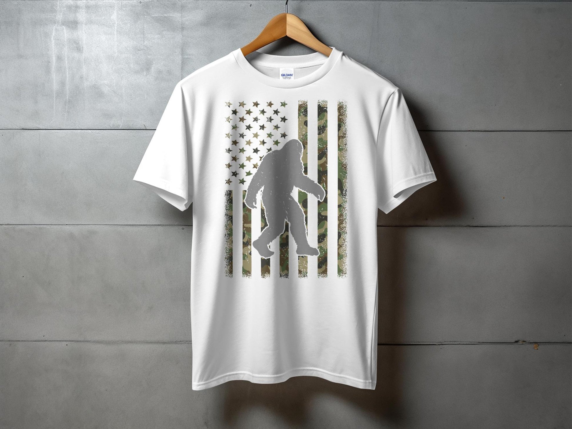 Camo Patterned Flag with Sasquatch Silhouette T-Shirt