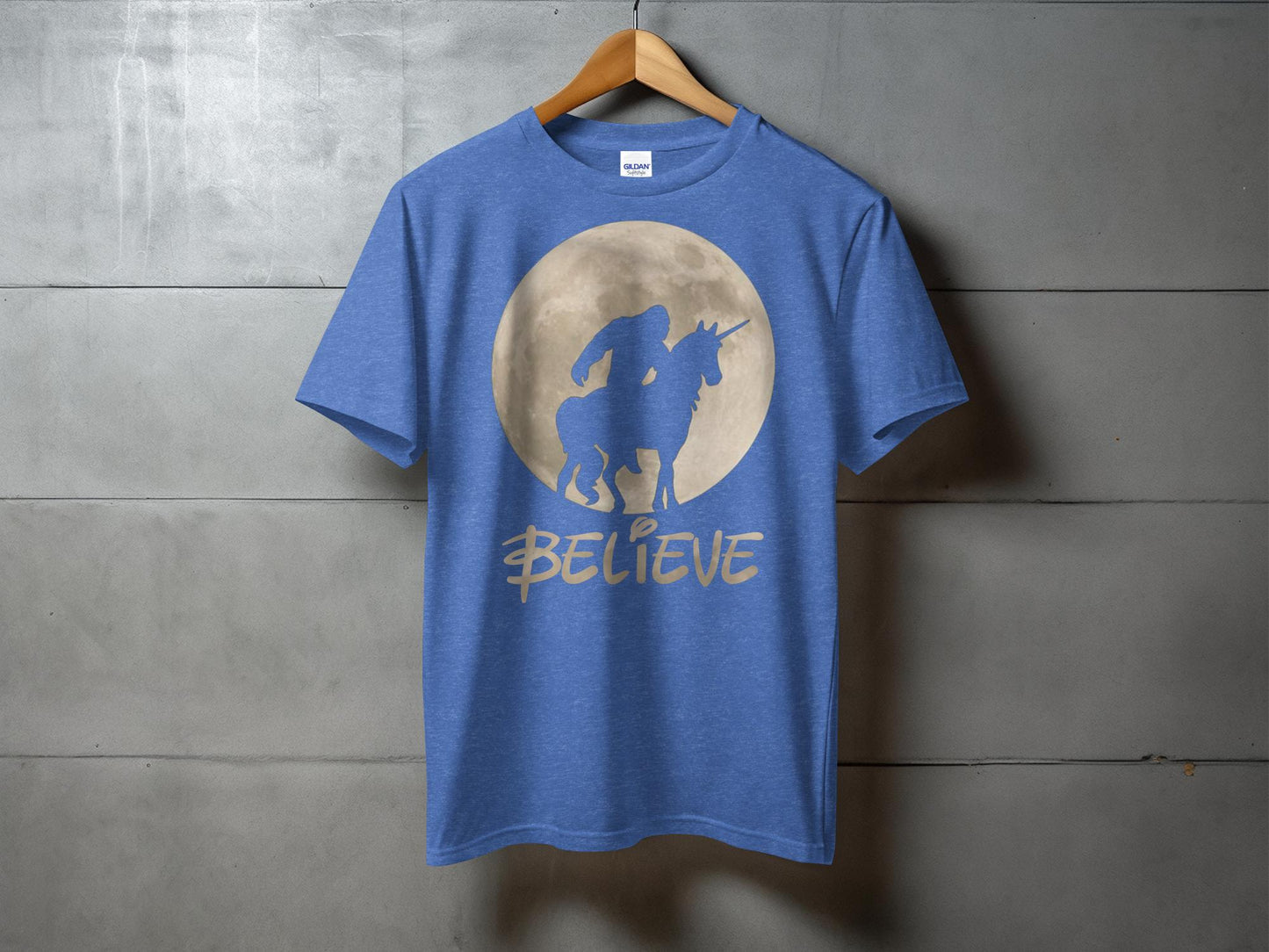 Bigfoot Riding Unicorn Believe Graphic Print T-Shirt