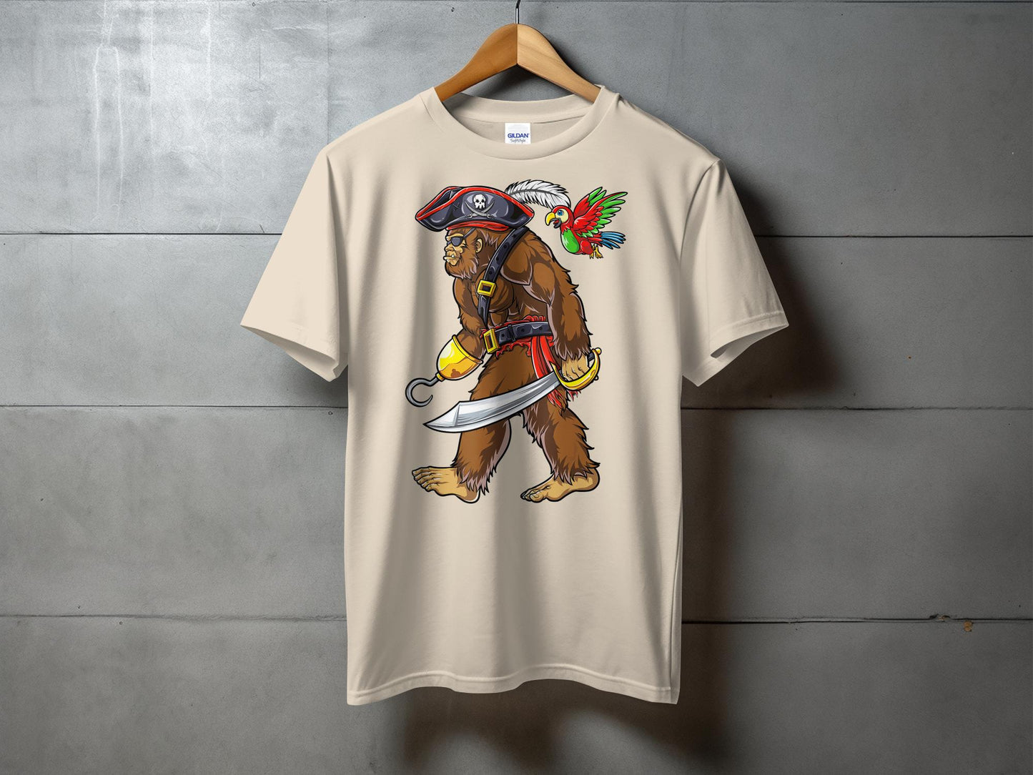 Funny Bigfoot Pirate Parrot Cartoon Graphic T-Shirt