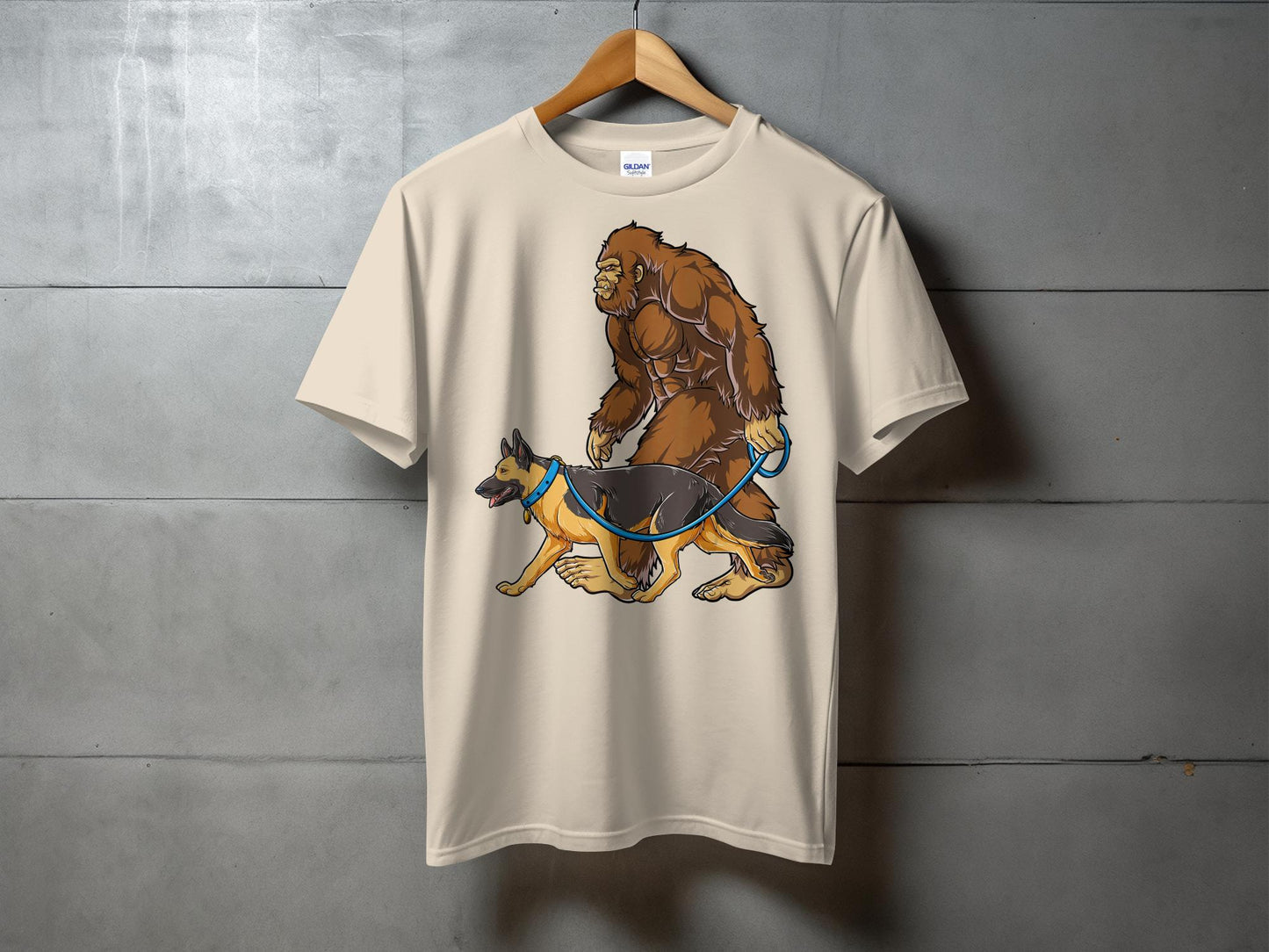 Bigfoot Walking German Sheperd Graphic Design T-Shirt