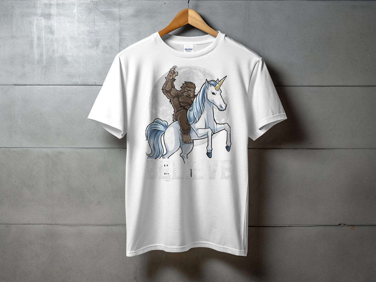 Bigfoot Riding Unicorn Believe Graphic T-Shirt