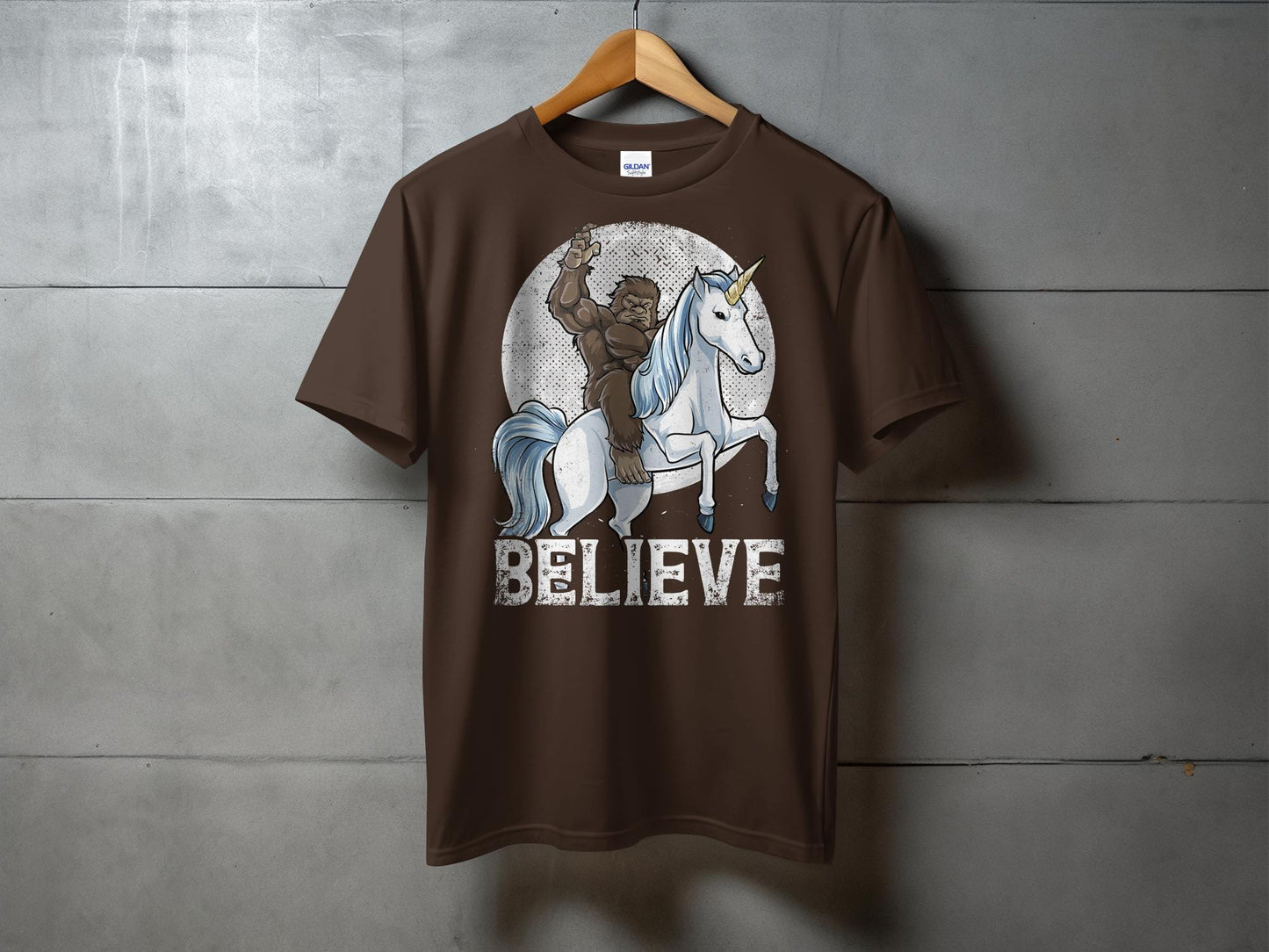 Bigfoot Riding Unicorn Believe Graphic T-Shirt