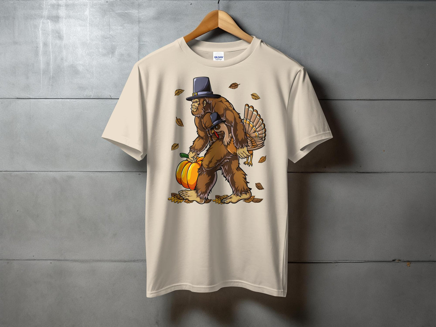 Festive Bigfoot Carrying Pumpkin and Turkey T-Shirt