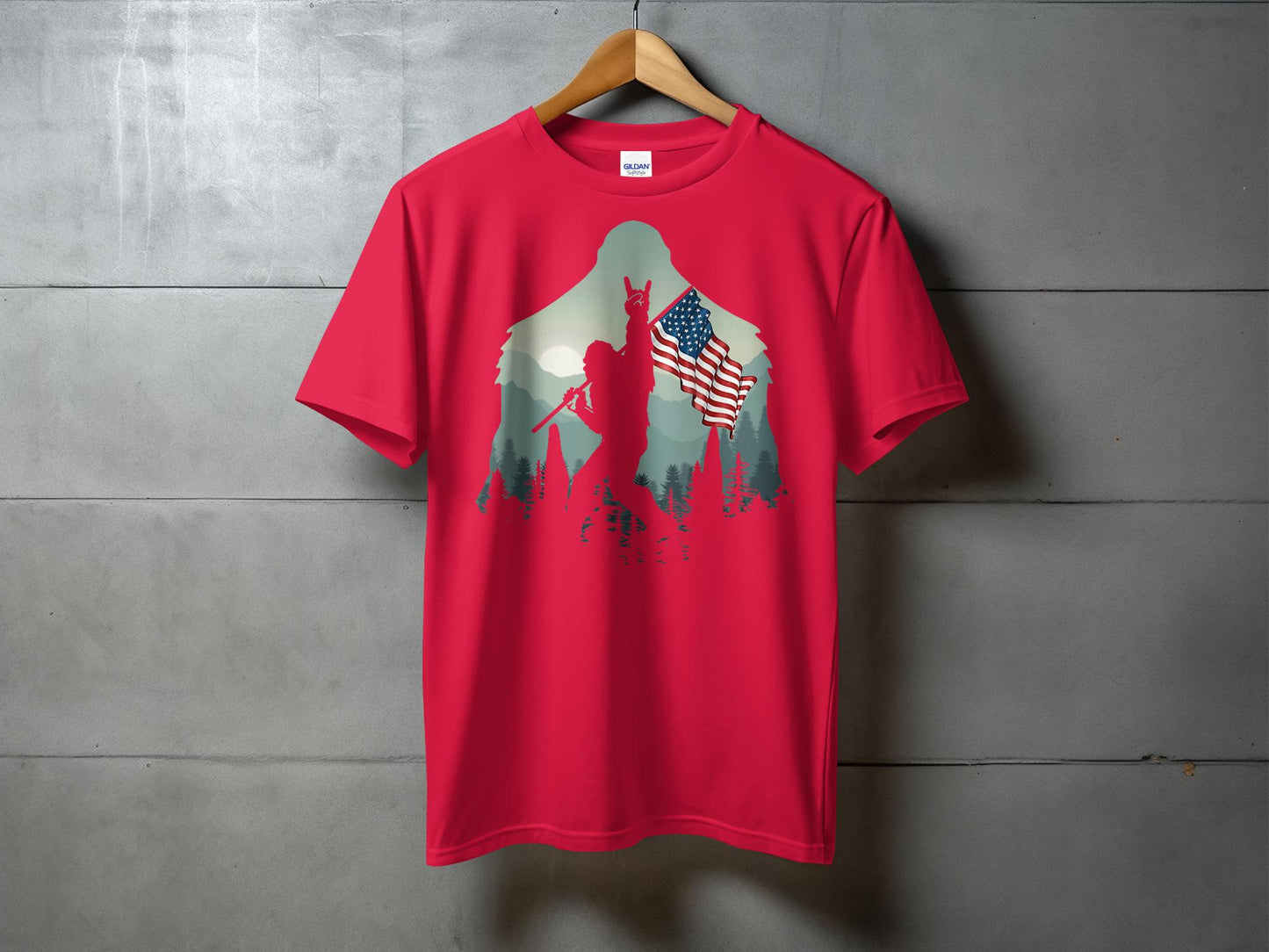 Bigfoot Silhouette Holding USA Flag Graphic T-Shirt