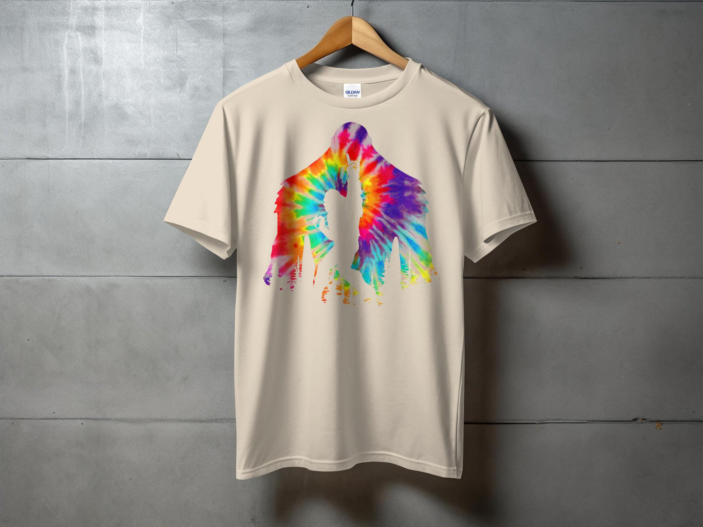 Vibrant Tie-Dye Bigfoot with Peace Gesture T-Shirt