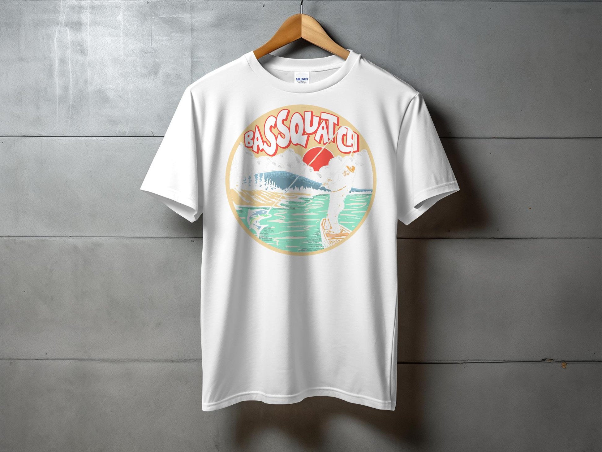 Bassquatch Catching Fish Illustration T-Shirt