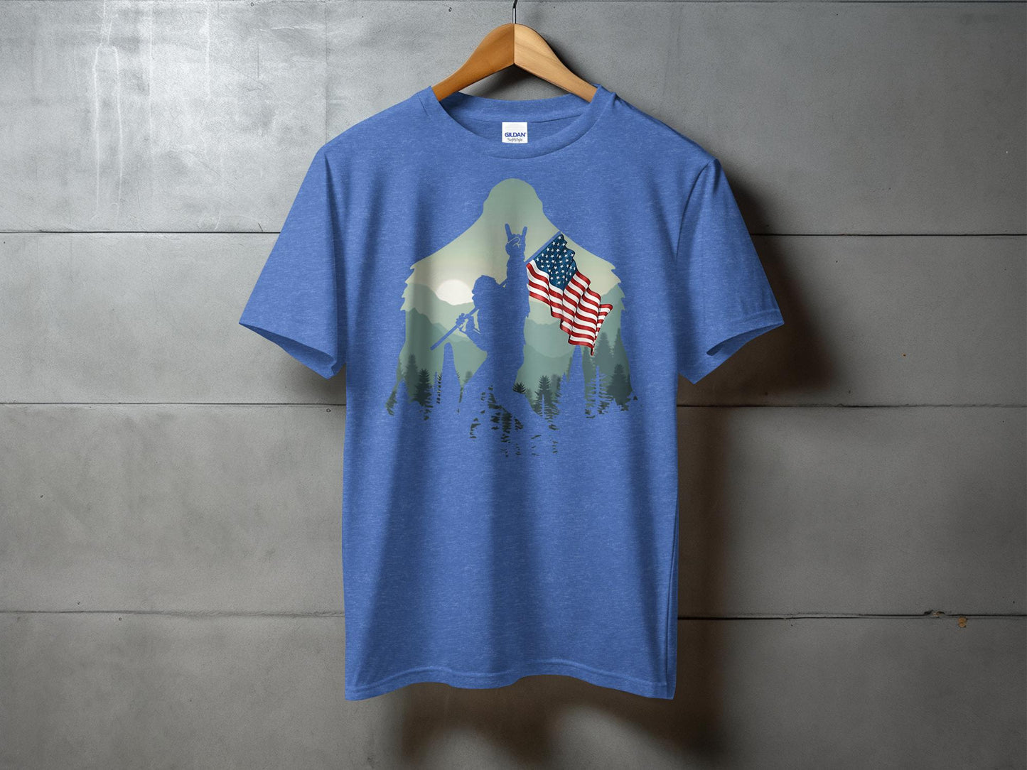 Bigfoot Silhouette Holding USA Flag Graphic T-Shirt