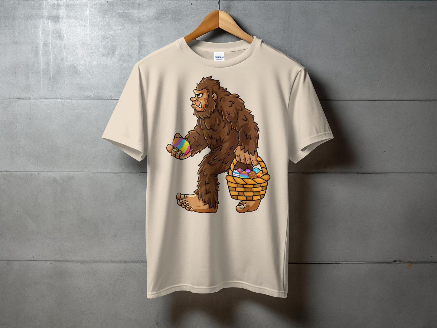 Bigfoot Holding Basket of Colorful Easter Eggs T-Shirt