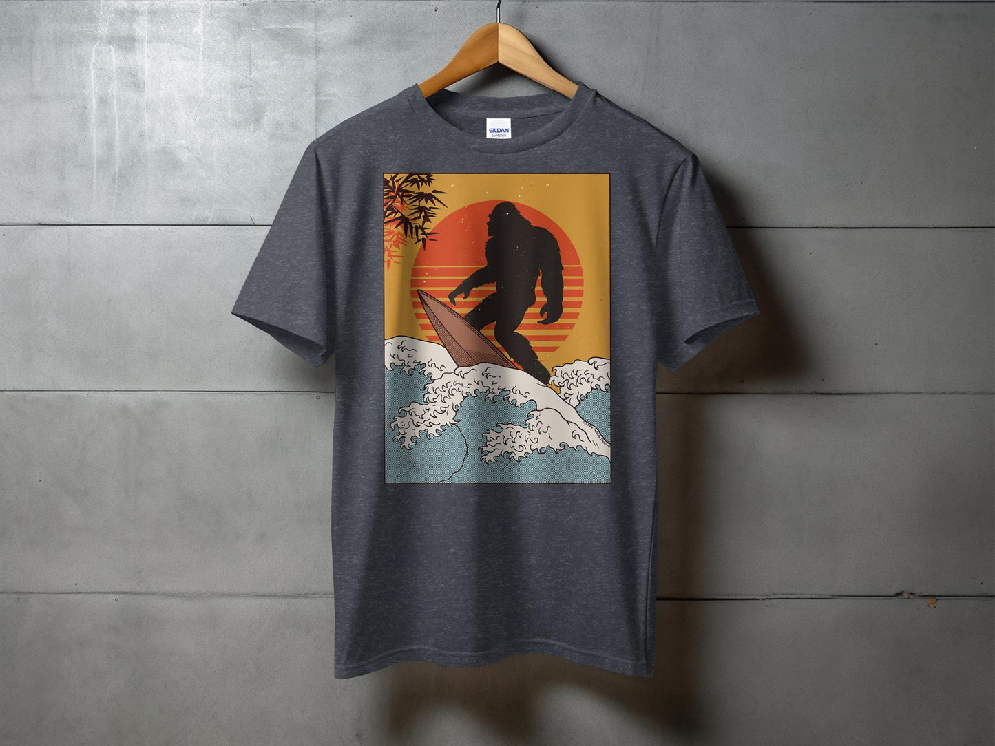 Bigfoot Surfing Retro Sunset Ocean Waves Graphic T-Shirt