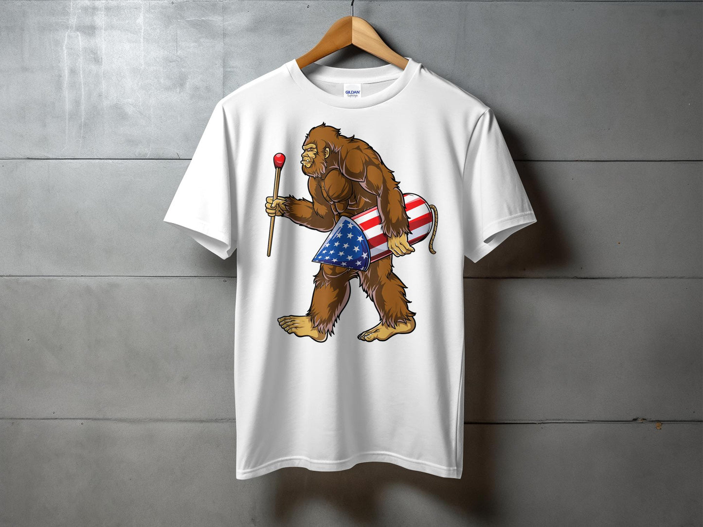 Patriotic Bigfoot Holding Rocket Design Graphic T-Shirt