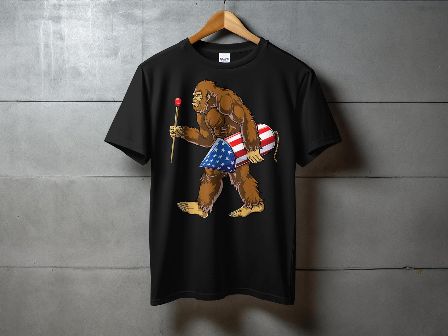 Patriotic Bigfoot Holding Rocket Design Graphic T-Shirt