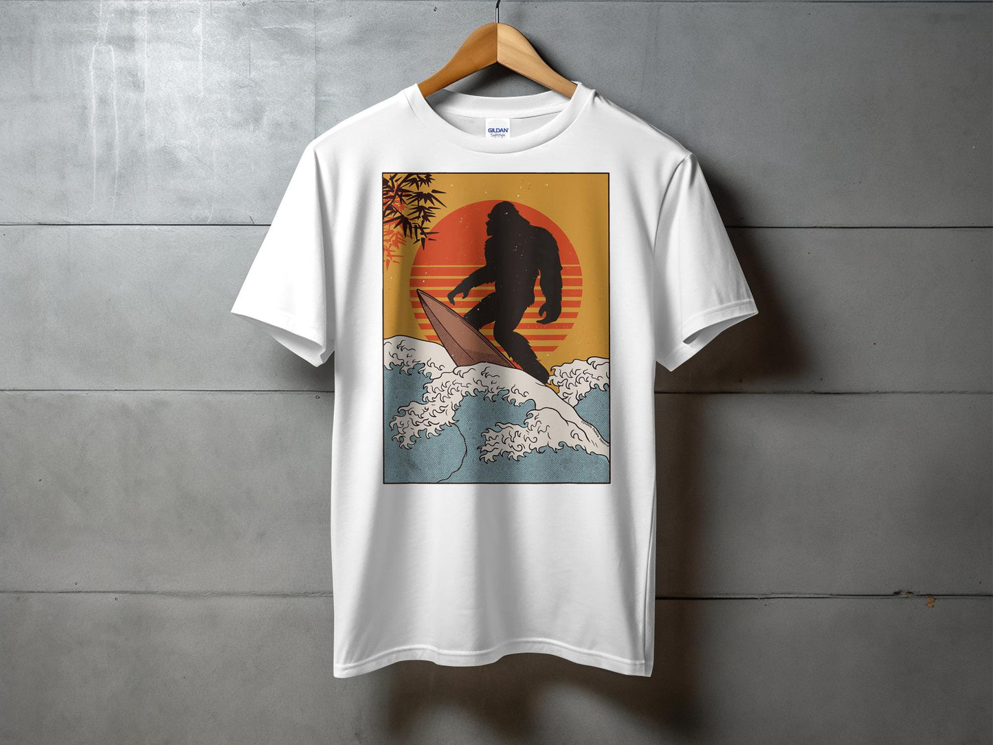 Bigfoot Surfing Retro Sunset Ocean Waves Graphic T-Shirt