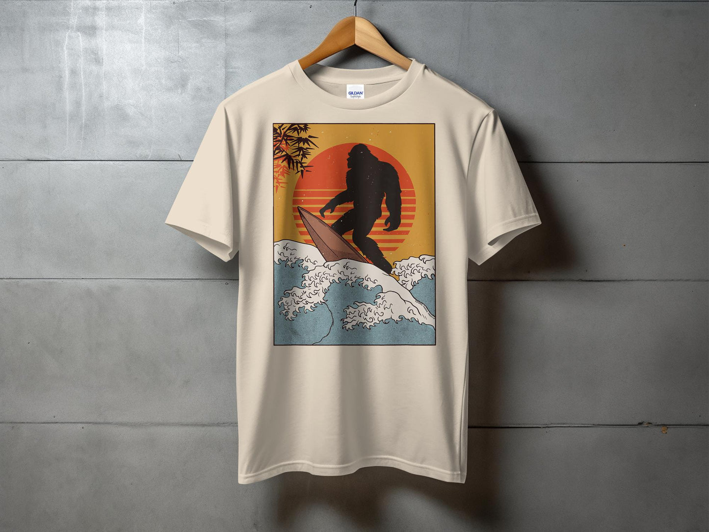 Bigfoot Surfing Retro Sunset Ocean Waves Graphic T-Shirt