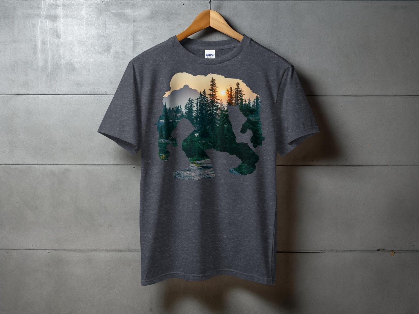 Bigfoot Silhouette with Mountain Forest Design T-Shirt