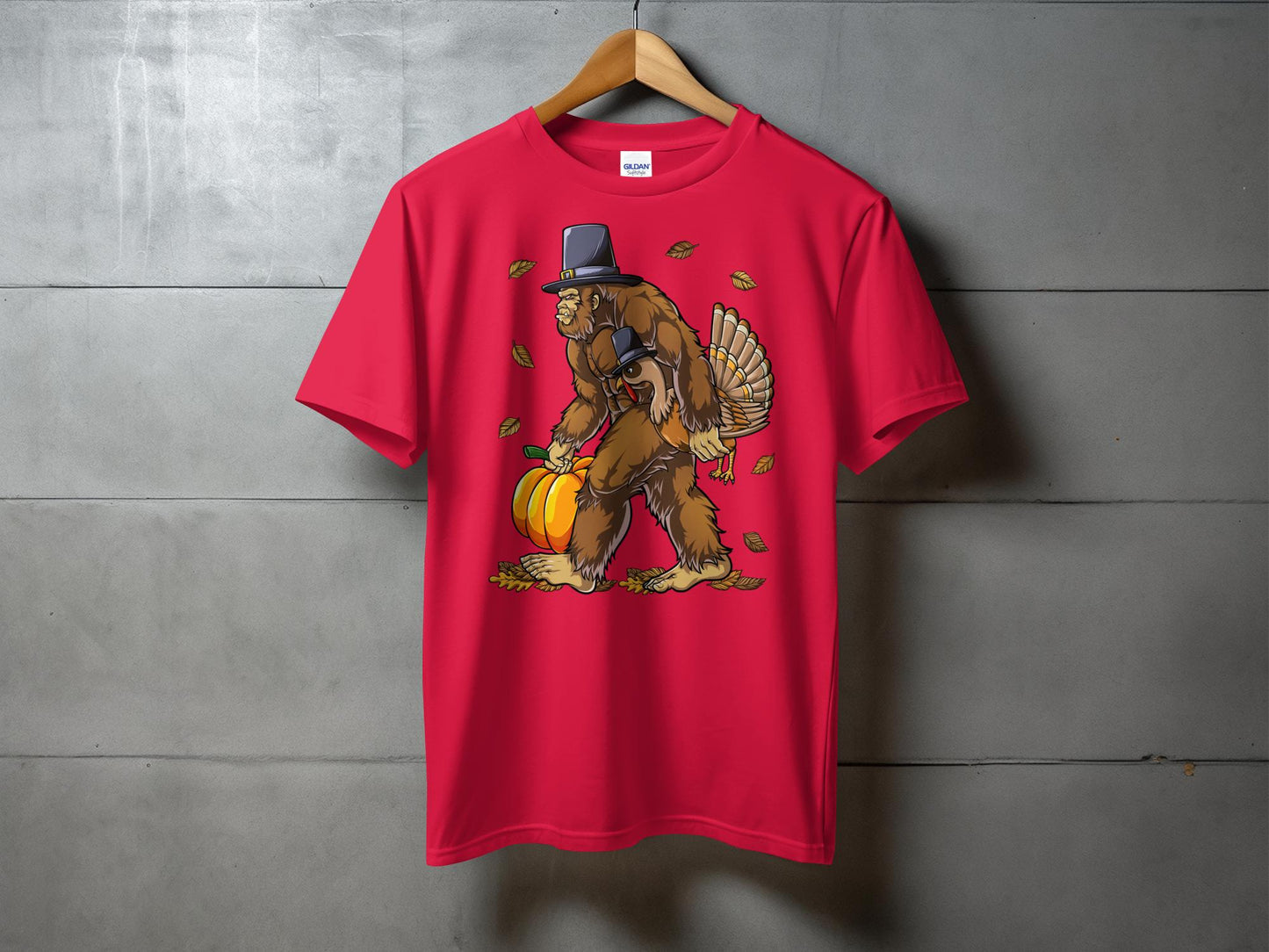 Festive Bigfoot Carrying Pumpkin and Turkey T-Shirt