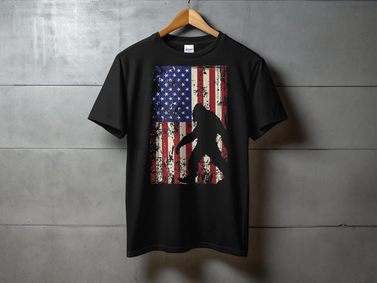 Grunge American Flag with Bigfoot Silhouette T-Shirt