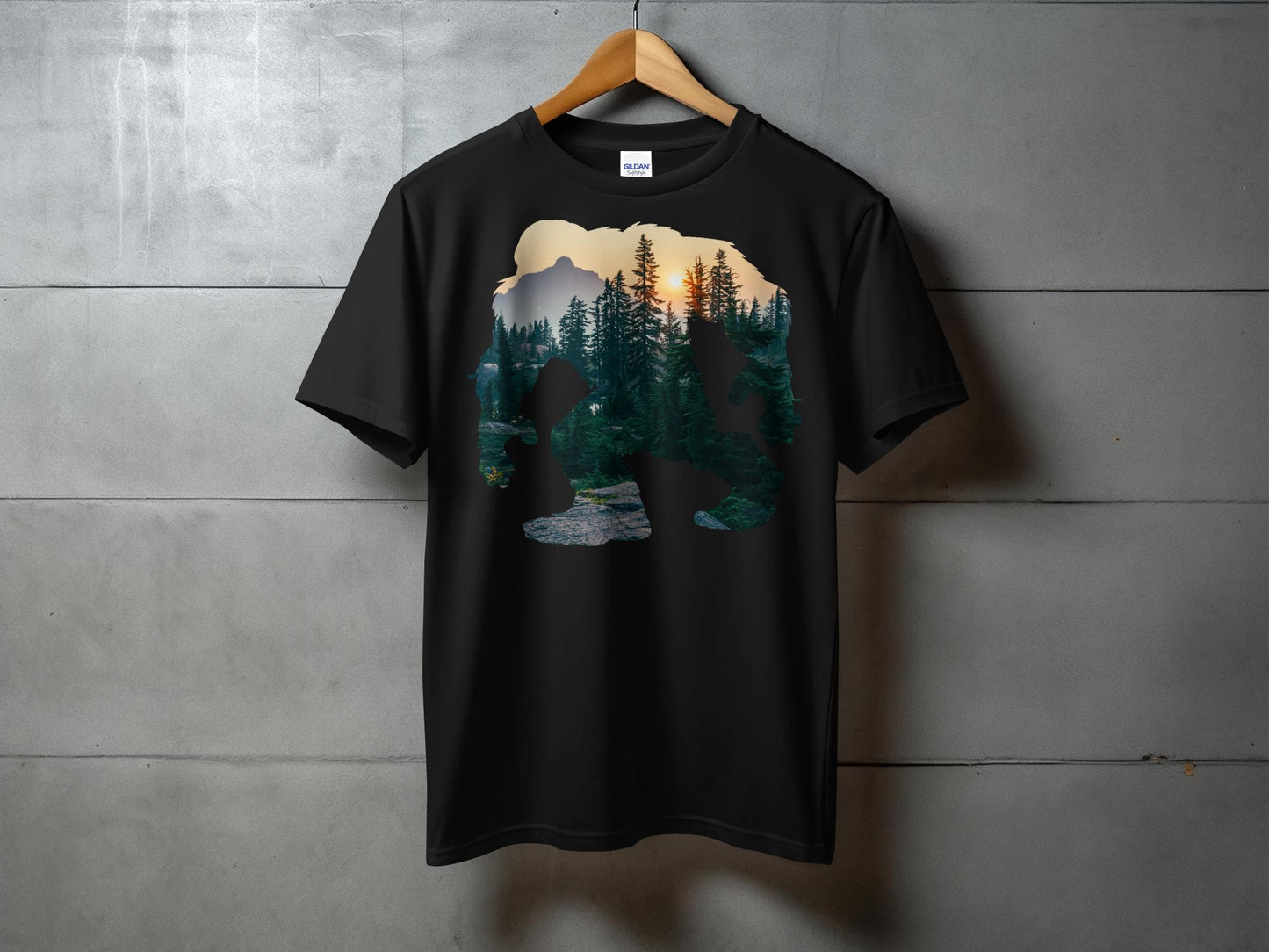 Bigfoot Silhouette with Mountain Forest Design T-Shirt