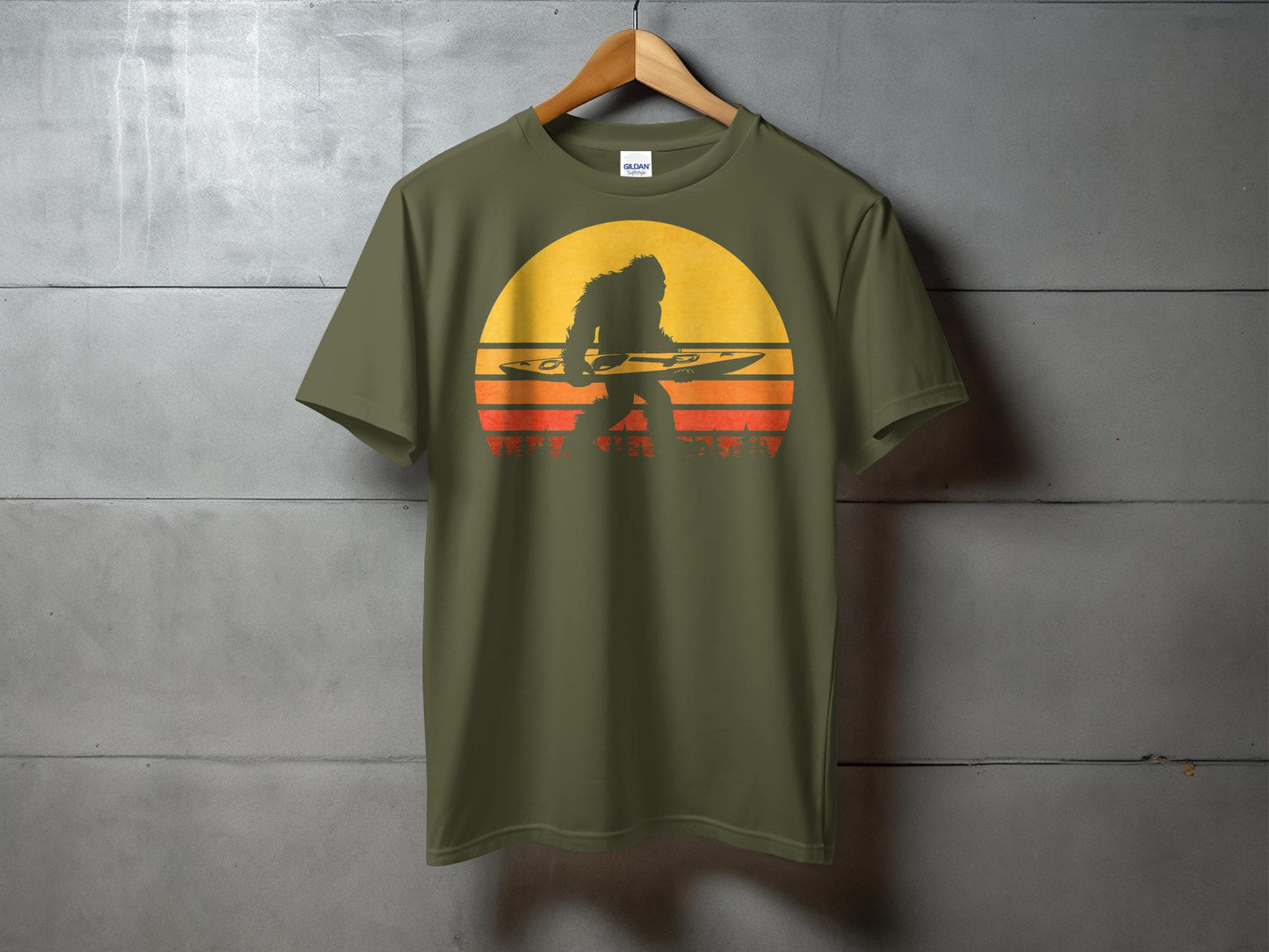 Bigfoot Carrying Kayak Silhouette Retro Style T-Shirt