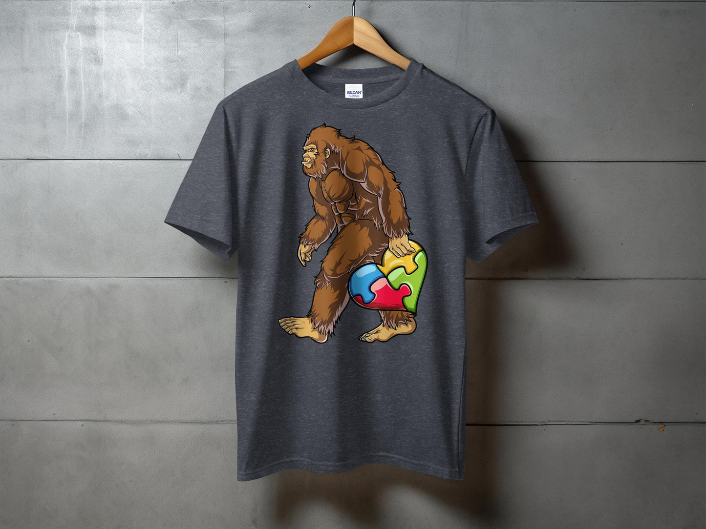 Colorful Autism Puzzle Heart and Bigfoot Walking T-Shirt