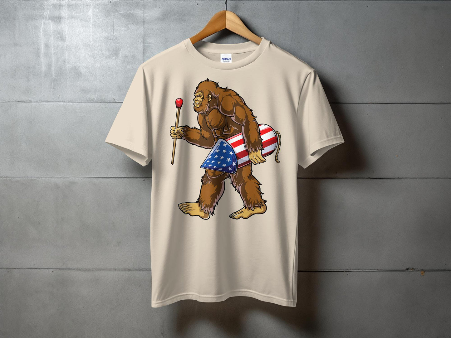 Patriotic Bigfoot Holding Rocket Design Graphic T-Shirt