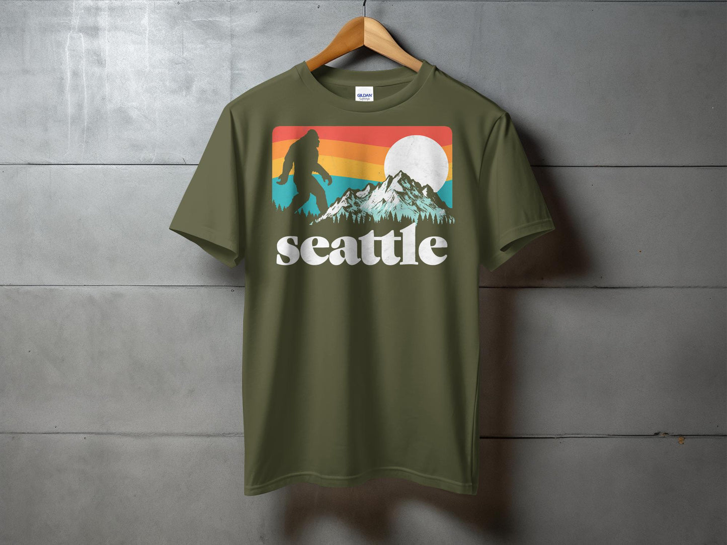 Bigfoot Seattle T-Shirt, Retro Sunset Graphic Tee, Pacific Northwest Bigfoot Shirt, Mountain Sasquatch Shirt, Vintage Seattle T-Shirt