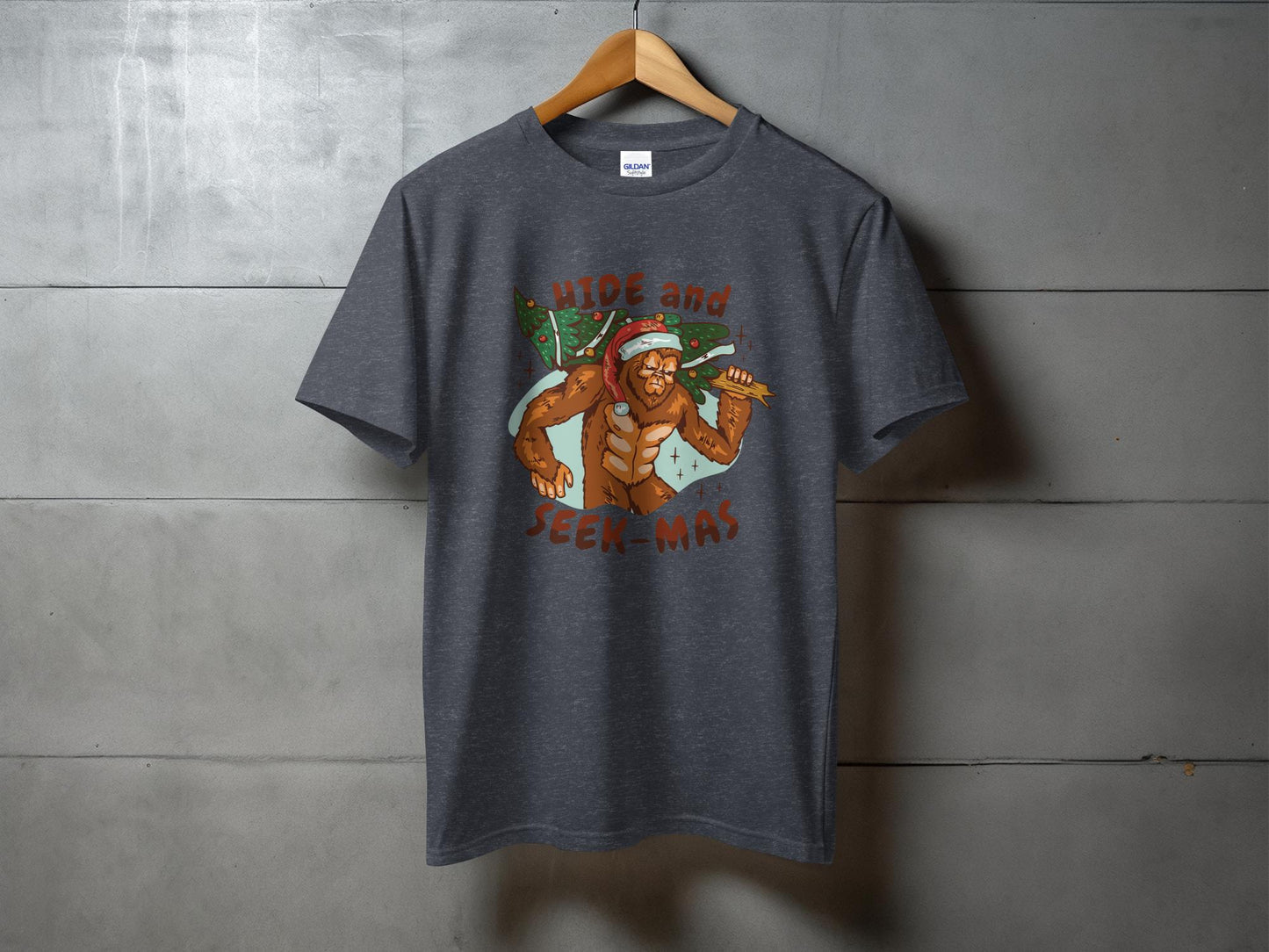 Bigfoot Christmas Shirt, Fun Holiday Sasquatch Tee, Hide and Seek-mas, Funny Xmas Bigfoot, Christmas Tree Carrier, Santa Hat Bigfoot