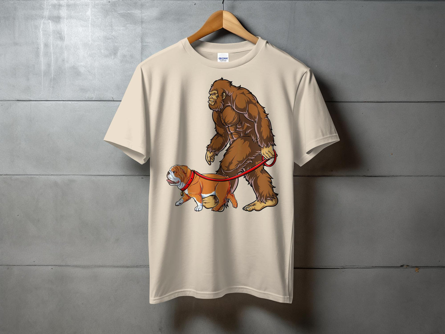 Funny Bigfoot Walking Bulldog Cartoon Graphic T-Shirt