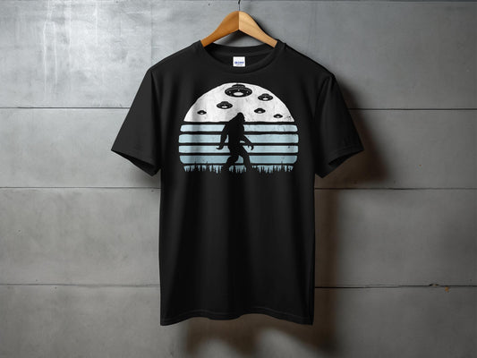 Bigfoot and UFOs Retro Style Graphic T-Shirt