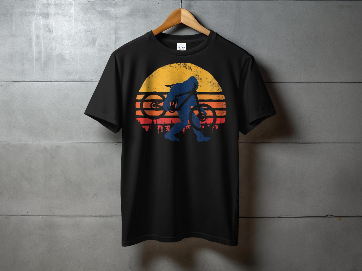 Retro Sunset Bigfoot Riding Bicycle Graphic T-Shirt