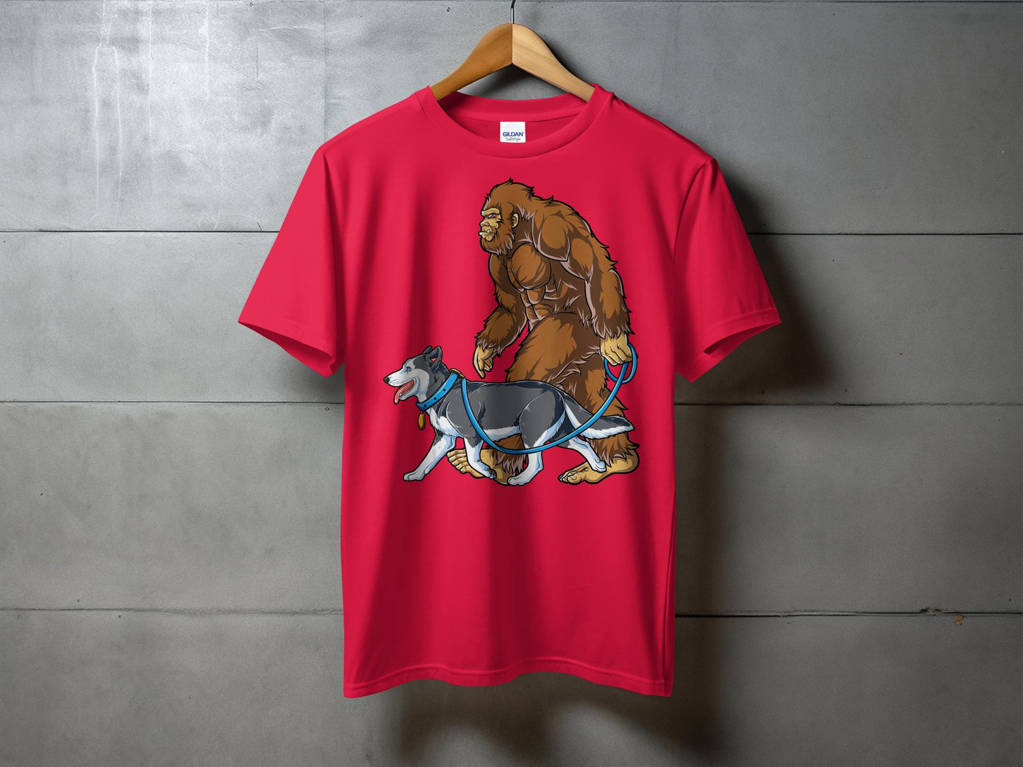 Bigfoot Walking Husky Cartoon Print T-Shirt