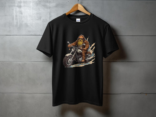 Bigfoot Riding Motorcycle T-Shirt, Funny Sasquatch Biker Tee, Unique Bigfoot Graphic Tee, Cool Bigfoot Shirt, Cryptid Lovers Gift