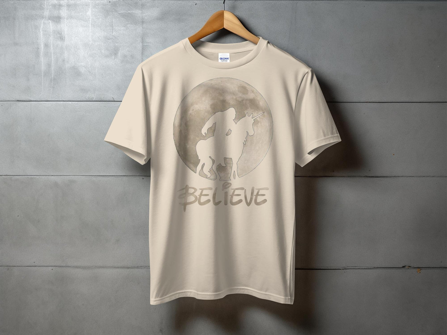 Bigfoot Riding Unicorn Believe Graphic Print T-Shirt