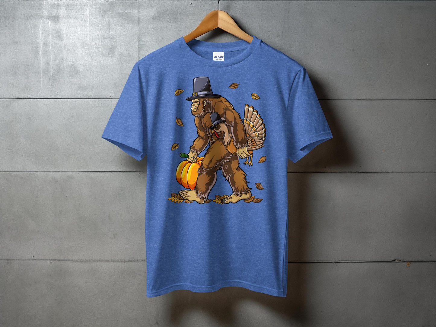 Festive Bigfoot Carrying Pumpkin and Turkey T-Shirt