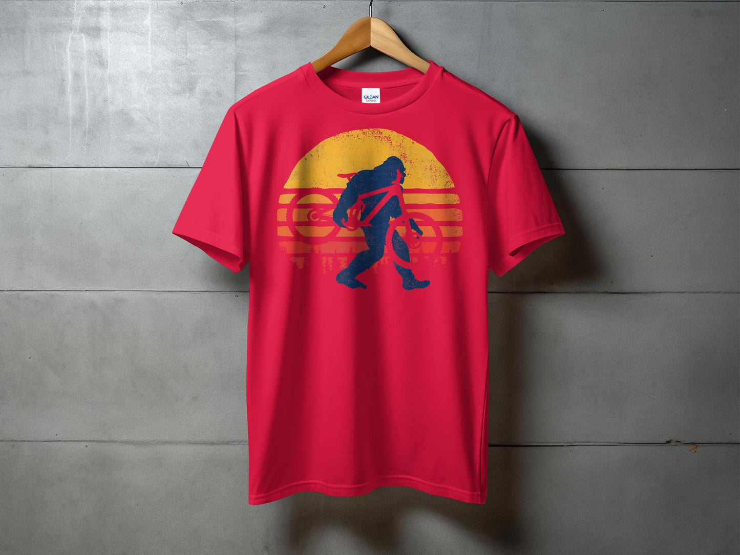 Retro Sunset Bigfoot Riding Bicycle Graphic T-Shirt