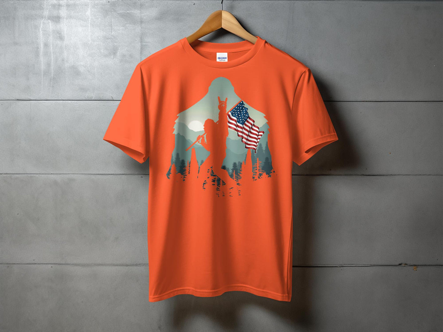 Bigfoot Silhouette Holding USA Flag Graphic T-Shirt