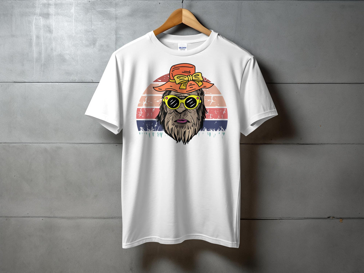 Retro Sunset Bigfoot Mama with Hat Graphic T-Shirt